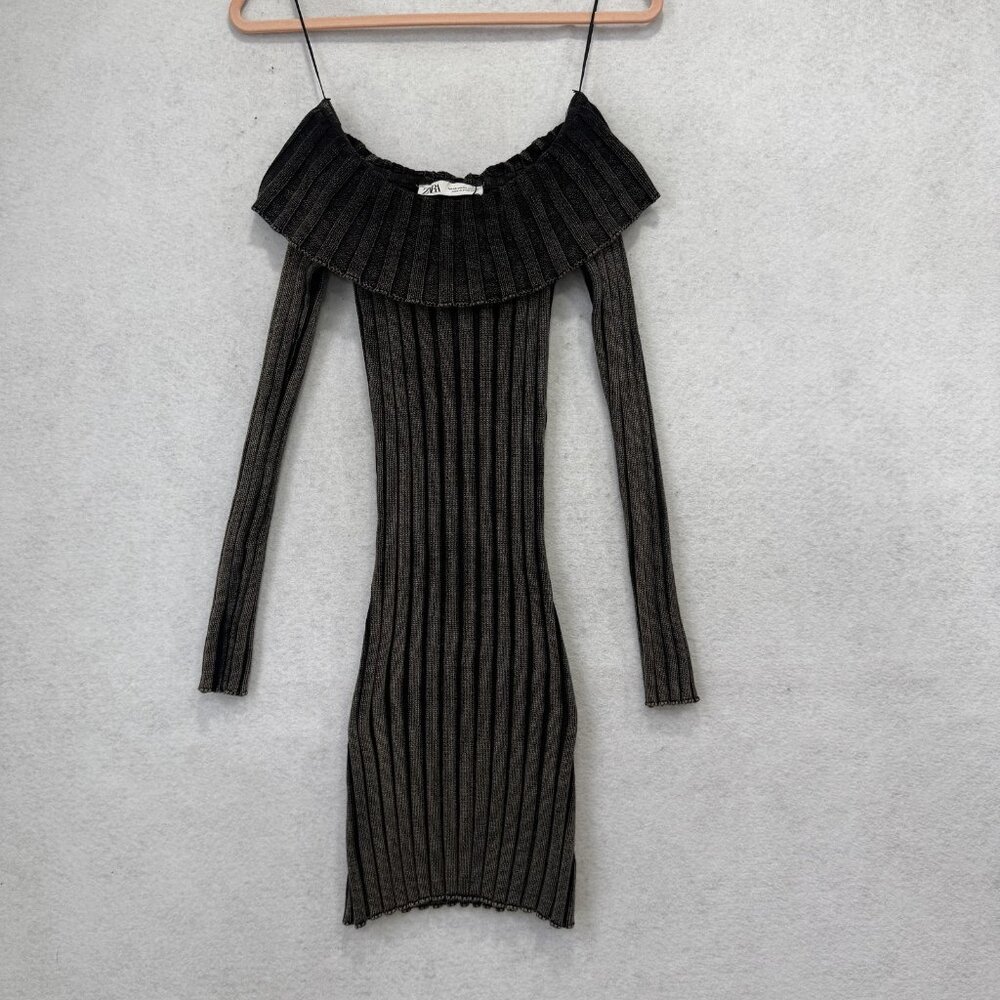 Zara Sweater Dress Womens XS Gray Striped Off Shoulder Ruffle Bodycon whimsigoth